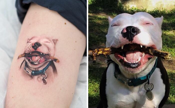 Pet tattoo of a dog with a stick, showcasing adorable tribute art.