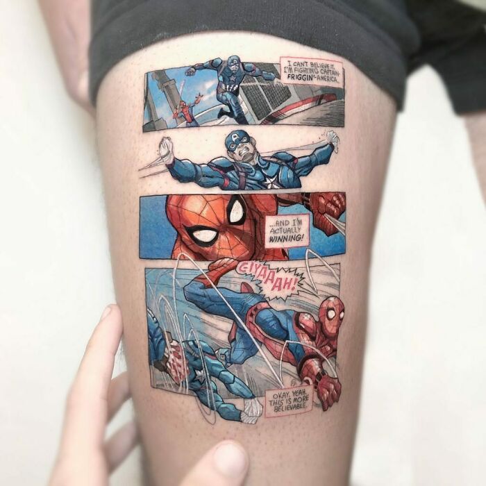 Marvel tattoo featuring Spider-Man and Captain America comic art on a person's thigh.