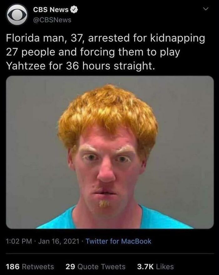 Man with unusual haircut in a tweet about a bizarre Yahtzee incident in Florida.