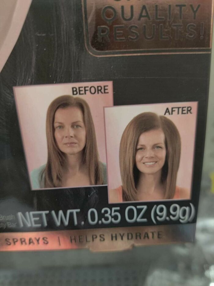 Before and after comparison of a bad haircut idea shown on a hair product package.
