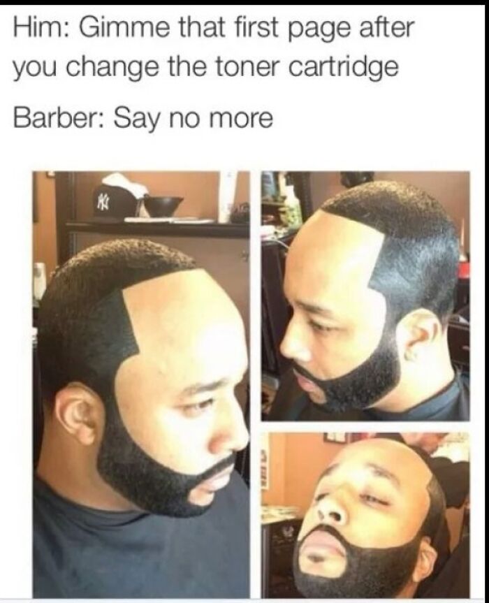 Man with a unique, sharply-defined haircut showing exaggerated angular lines and a dark beard.