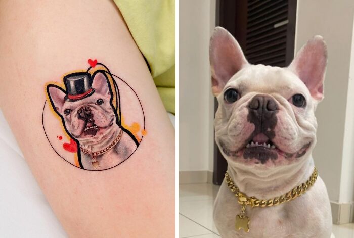 Pet tattoo featuring a French bulldog in a top hat beside the real dog, both wearing gold chains.