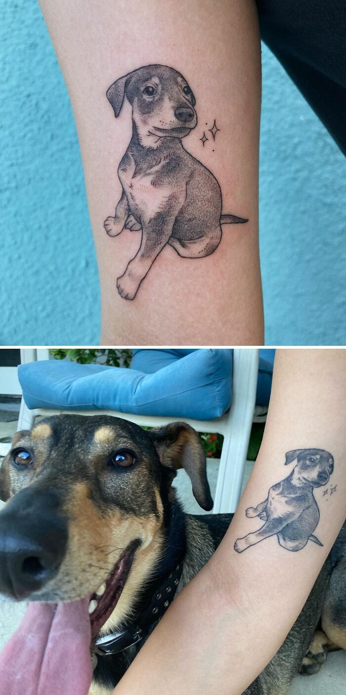 Pet tattoo of a dog on an arm, capturing the bond between owner and their adorable canine friend.