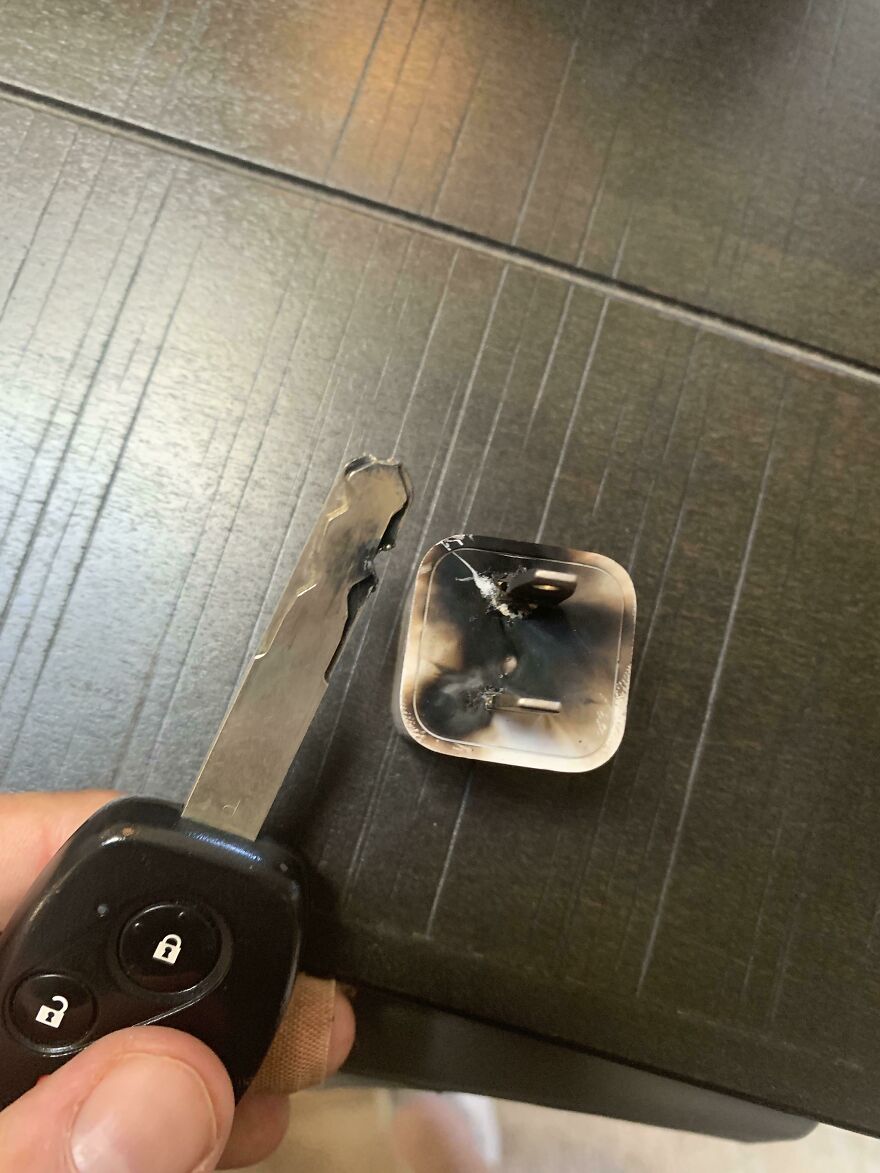 Car Key Fell Off Night Stand And Onto A Half Plugged In iPhone Charging Brick Car Key Fell Off Night Stand And Onto A Half Plugged In iPhone Charging Brick