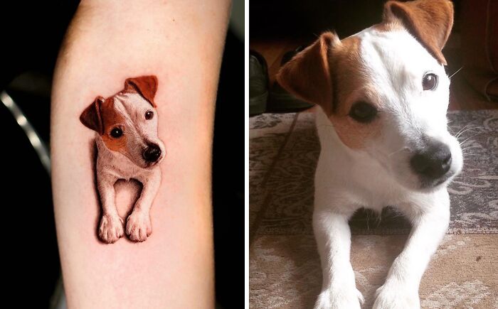 Pet tattoo of a dog on an arm, showcasing the bond between humans and their pets.