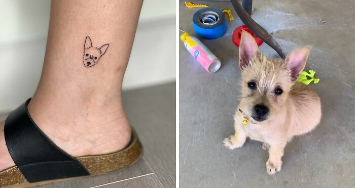 Pet tattoo on ankle beside a small dog, with art supplies in the background.