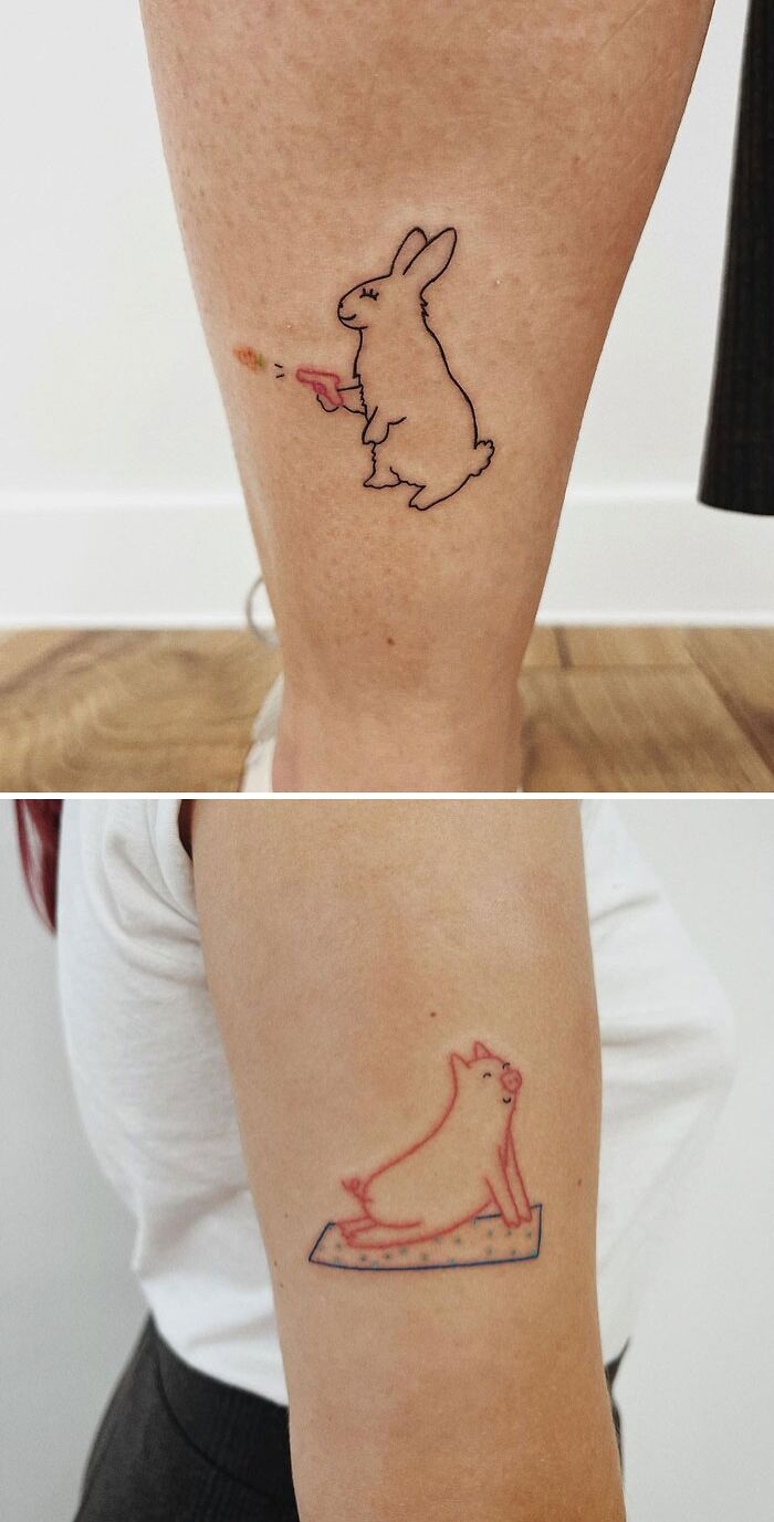 Rabbit and pig tattoos celebrating the animal kingdom on arms.