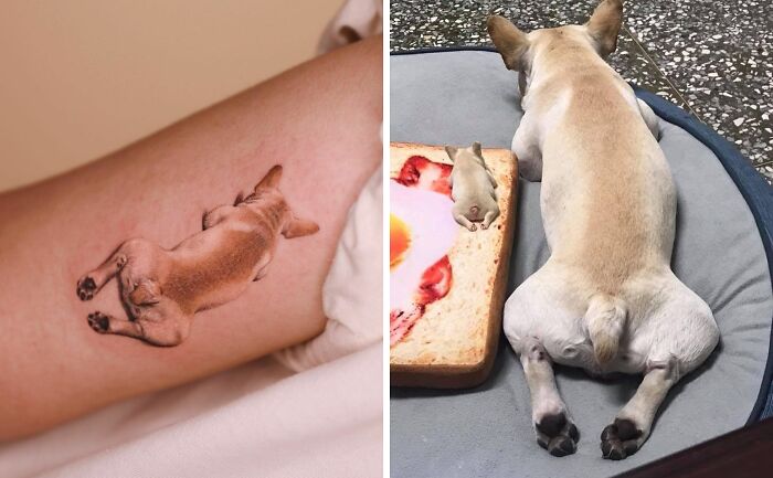 Pet tattoos featuring a dog lounging, celebrating furry friends.
