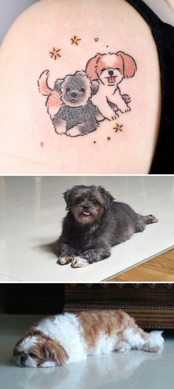 Pet tattoo featuring two dogs with matching real-life dogs, capturing the bond between humans and pets.