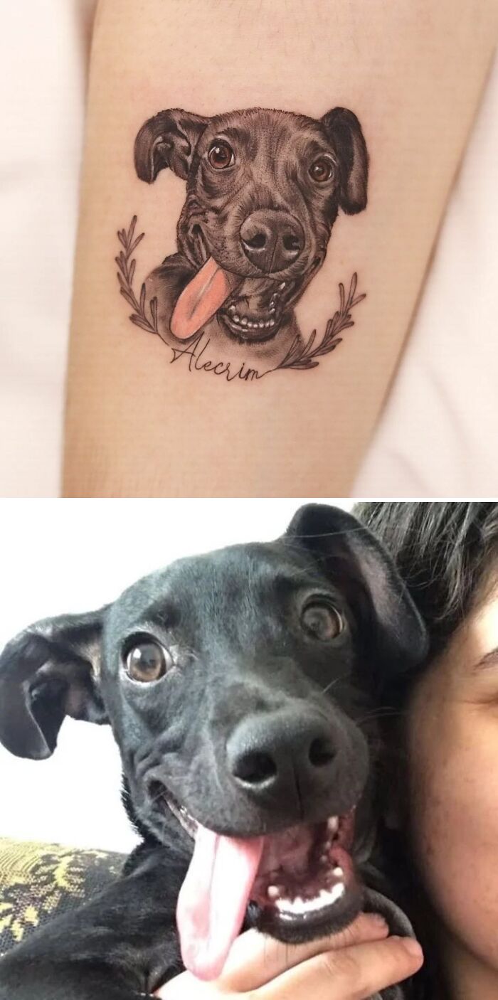 Pet tattoo of a happy black dog with its tongue out, capturing the essence of a beloved friend.