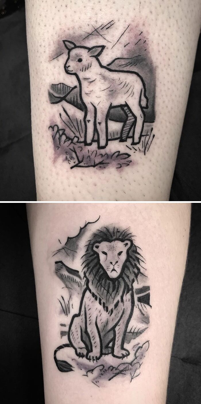 Simple and realistic animal tattoos of a lamb and a lion on skin, showcasing minimalistic design.