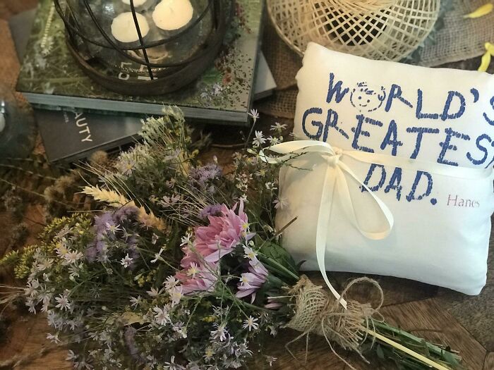 My Dad Passed Away In 2015. He Was Able To “Walk” Me Down The Aisle Because I Used His Favorite Shirt As A Cover For Our Ring Cushion