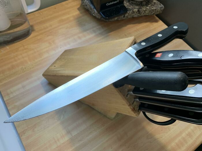 Henckels Kitchen Knives. I Hone Them Daily And Sharpen Them Once A Year. I Have Cooked Literally Thousands Of Meals With These Since I Got Them In 1999