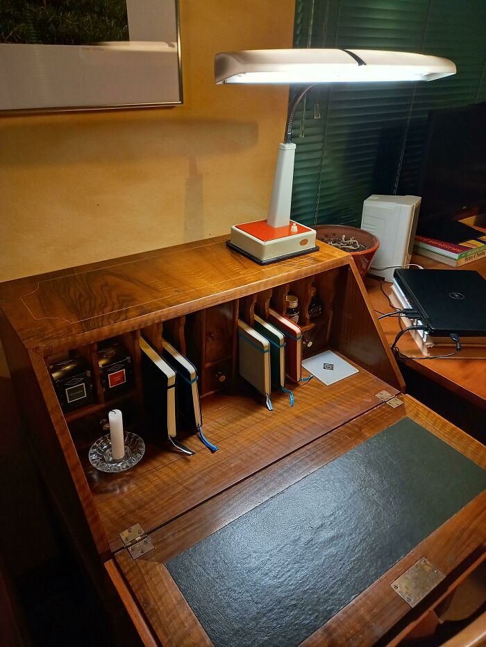 My Journaling Setup Is Complete! The Desk Lamp Was Made In Japan By A Company Named Sinar. My Late Grandfather Used It When He Was Painting. The Writing Bureau Is Walnut Veneer And Is At Least 70 Years Old