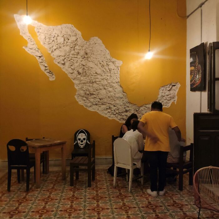 A Map Of Mexico Carved On The Wall Of A Yucatan Bar