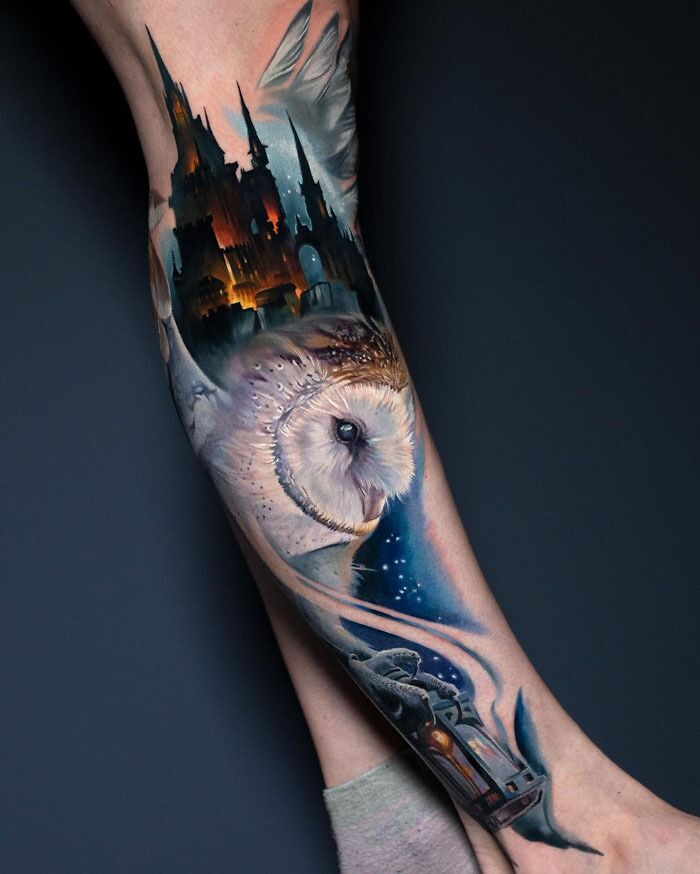 Tattoo of an owl and Hogwarts castle on an arm, perfect for Harry Potter fans.