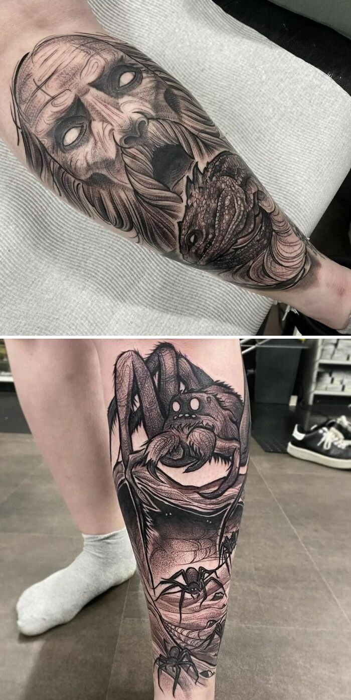 Harry Potter tattoos featuring detailed illustrations of a bearded man and giant spiders on a person's legs.