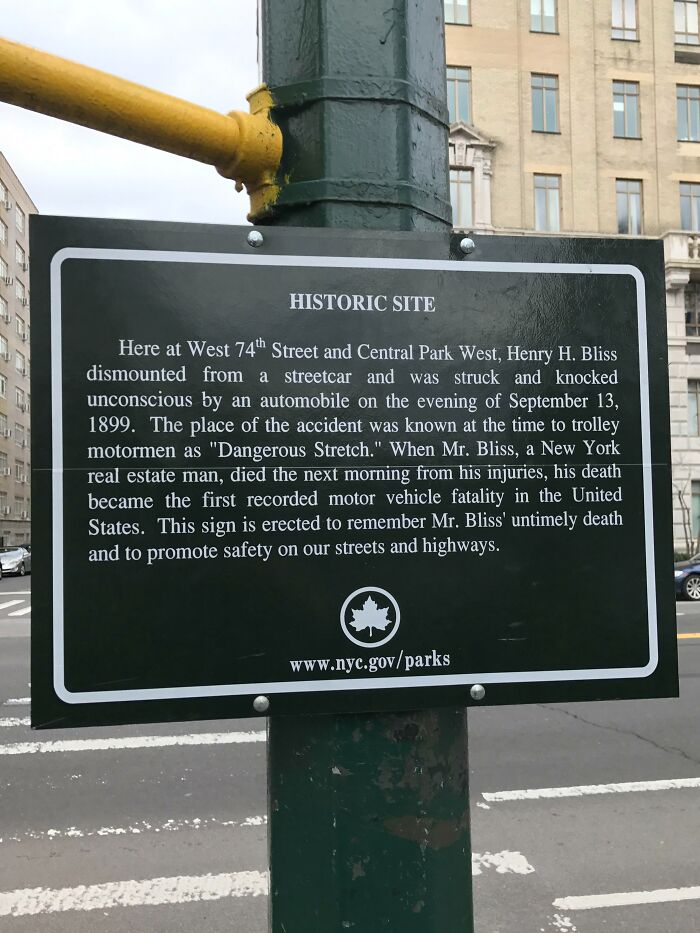 Sign Marking The Location Of The First Car Fatality In The US
