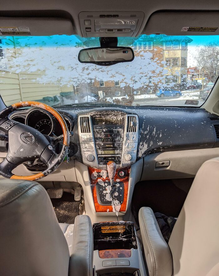 Left A Sparkling Water In The Car During Winter In Minneapolis