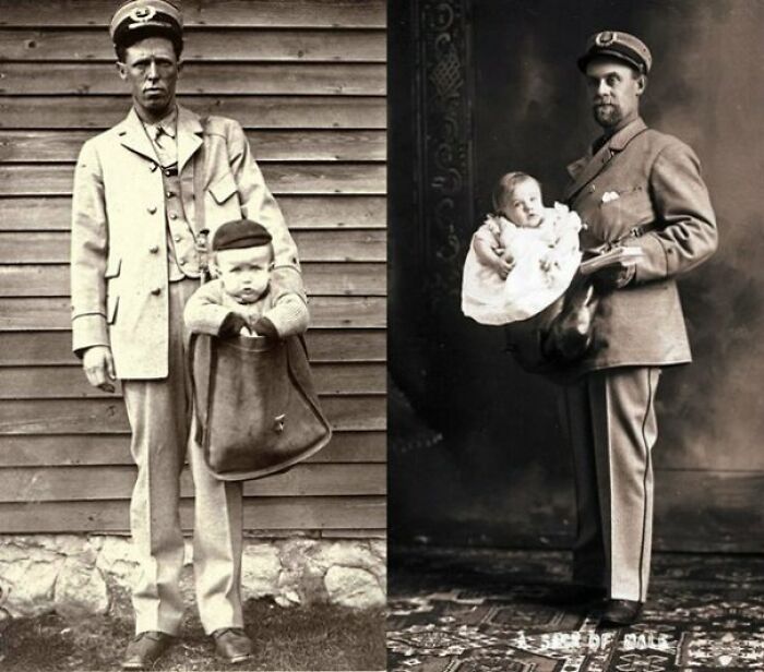 Two vintage photos depict men in uniform holding babies, illustrating big historical events from around a century ago.