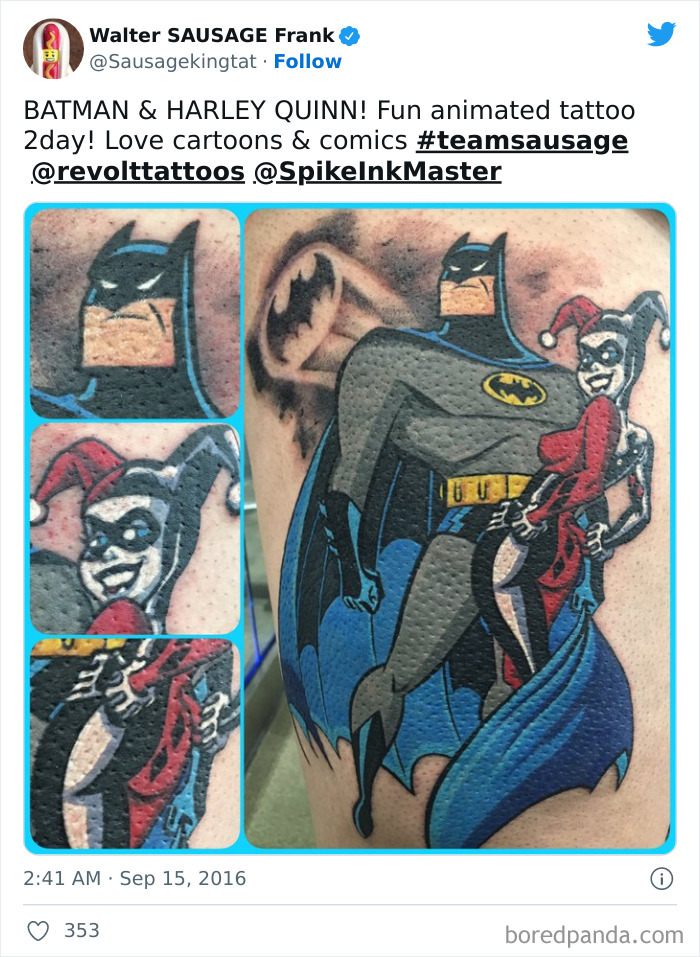 Batman and Harley Quinn cartoon tattoos depicting childhood favorites in vibrant colors.