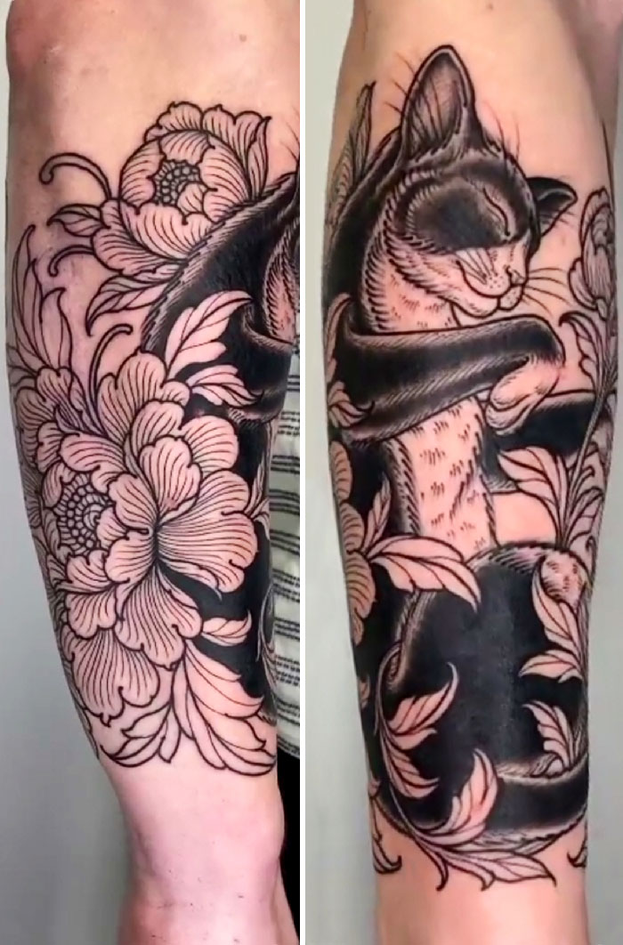 Pet tattoo of a sleeping cat intertwined with flowers on someone's arm.