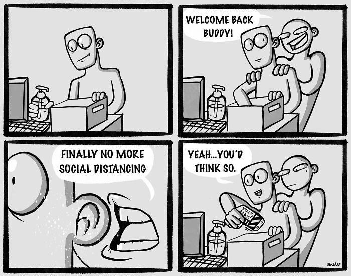 Sarcastic comic showing a humorous twist on social distancing, featuring two characters at a computer desk.