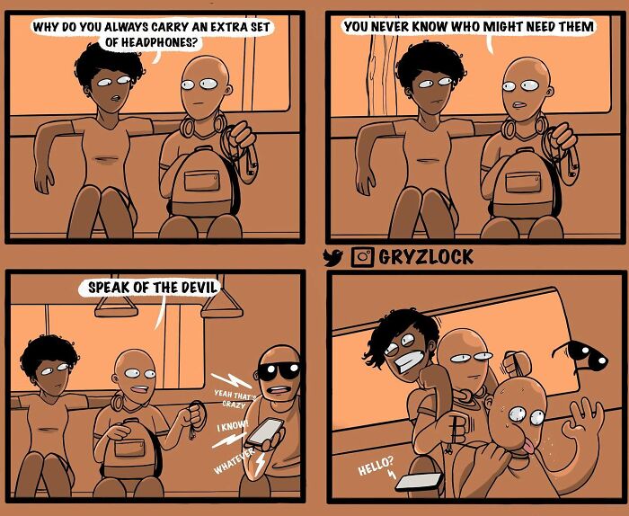 Sarcastic comic strip shows a humorous interaction about carrying extra headphones with a surprising twist.
