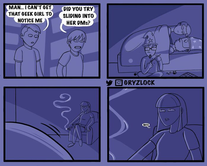 Sarcastic comic by an artist showing a geek girl ignoring two guys, with a humorous twist ending.