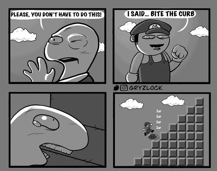 Sarcastic comic with a character resembling a plumber demanding another to "bite the curb" in a humorous, twisted ending.