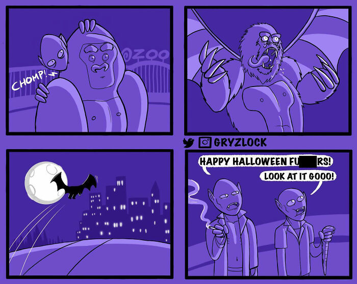 Sarcastic comic showing gorilla evolving into bat creature and surprising onlookers with a Halloween message.