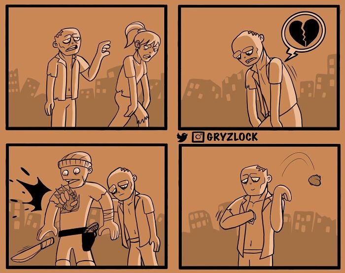 Sarcastic comic by artist with a twisted ending, featuring a character throwing away a heart, expressing heartbreak.