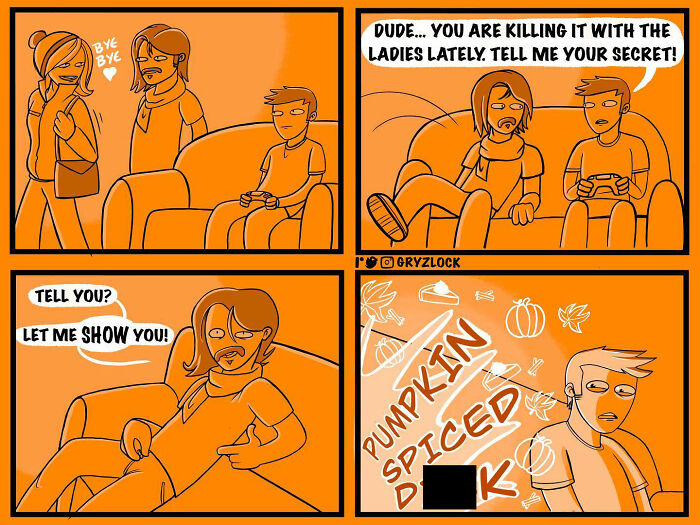 A sarcastic comic strip with a twisted ending showing friends on a couch, discussing dating secrets.