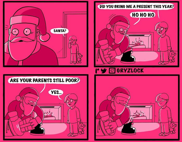 Sarcastic comic with a twisted ending showing Santa, child, and a fireplace in humorous interaction.