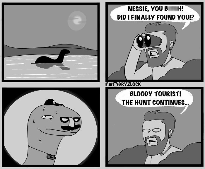 Comic strip with sarcastic humor and twisted ending about a frustrated Loch Ness monster hunter.