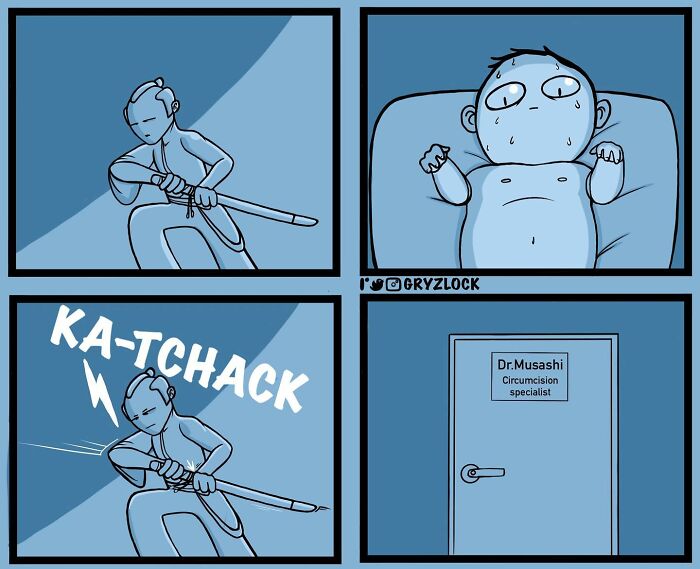 Sarcastic comic showing a ninja and a surprised man with a doctor's office labeled "Circumcision specialist."