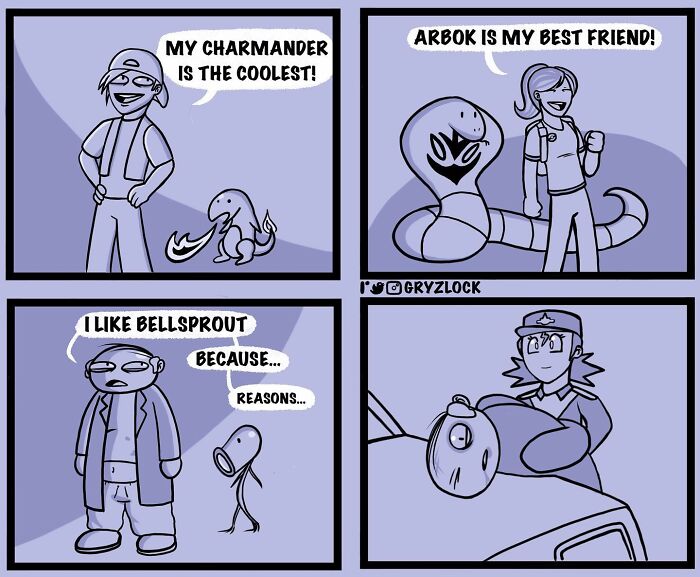 Sarcastic comic with twisted ending featuring characters expressing love for Charmander, Arbok, and Bellsprout.