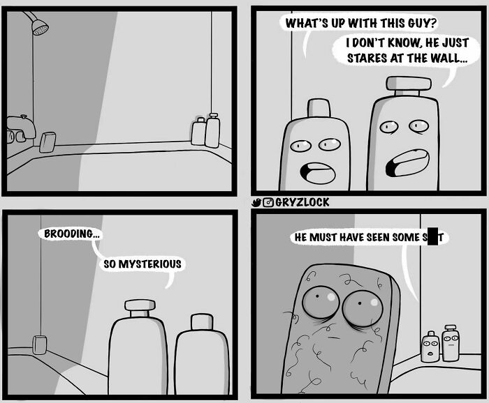 Sarcastic comic featuring bottles talking about another bottle staring at the wall with a twisted, humorous ending.