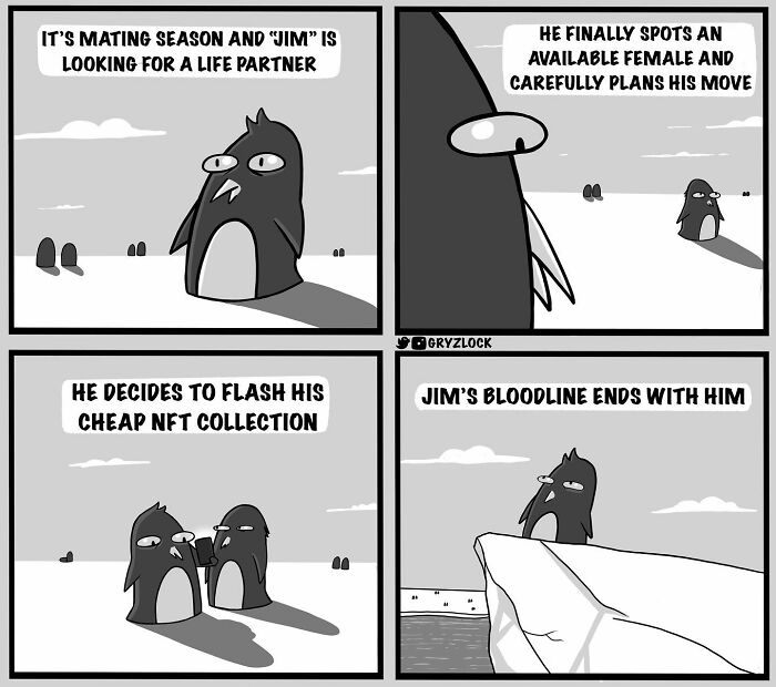 Sarcastic comic about a penguin named Jim whose attempt to impress a mate with NFTs fails.