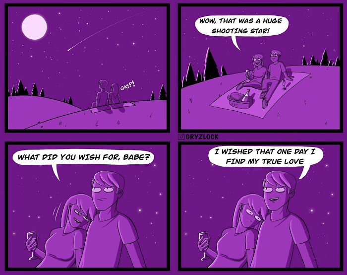 Sarcastic comic with a couple watching a shooting star, ending with a twisted punchline about true love.