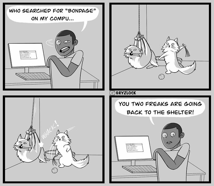 Sarcastic comic with twisted ending featuring a man at a computer and two mischievous cats in a sling from the ceiling.