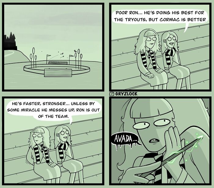 Sarcastic comic by artist with twisted ending, showing two characters discussing tryouts and using magic.