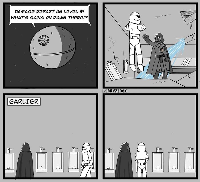 Sarcastic comic with a twisted ending featuring iconic space characters in a humorous restroom scenario.