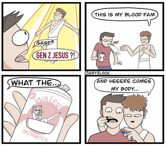Sarcastic comic featuring Gen Z Jesus with twisted ending, involving bathwater and humor.