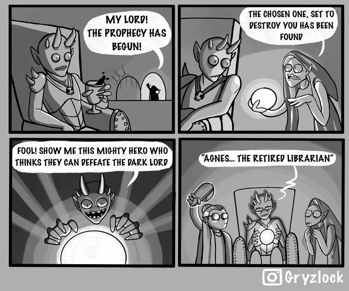 Sarcastic comic with a dark lord shocked to face Agnes, a retired librarian, as the chosen hero.