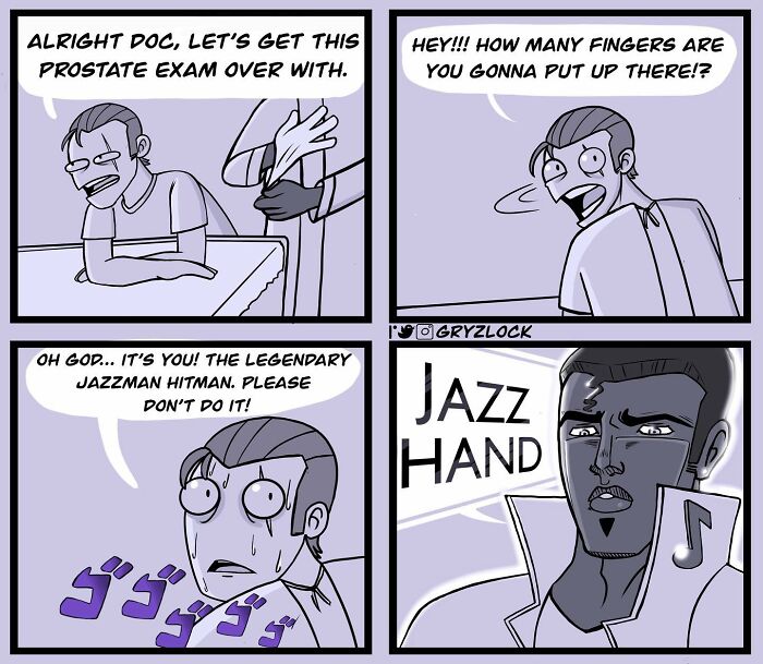 Sarcastic comic depicting a prostate exam with unexpected, humorous twist ending featuring a jazz hand.