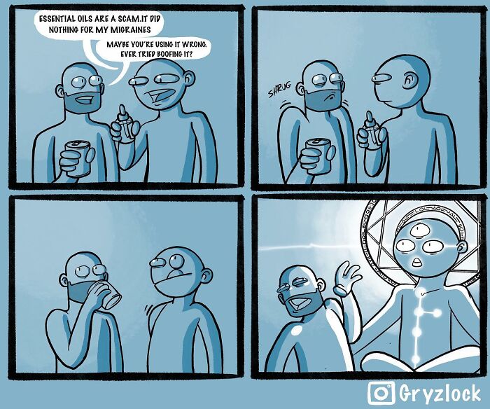 Sarcastic comic with two characters discussing essential oils, ending with a humorous twist revealing unexpected enlightenment.