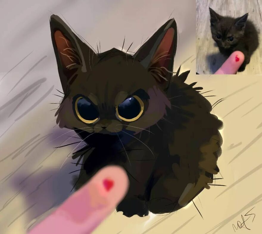 Cute animal drawing of a black kitten, inspired by a funny photo, with a finger pointing at it.