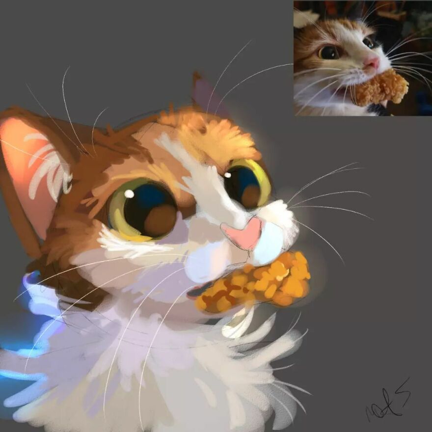 Cute cat drawing by Mr. Lucifer holding a nugget, inspired by a funny animal photo.