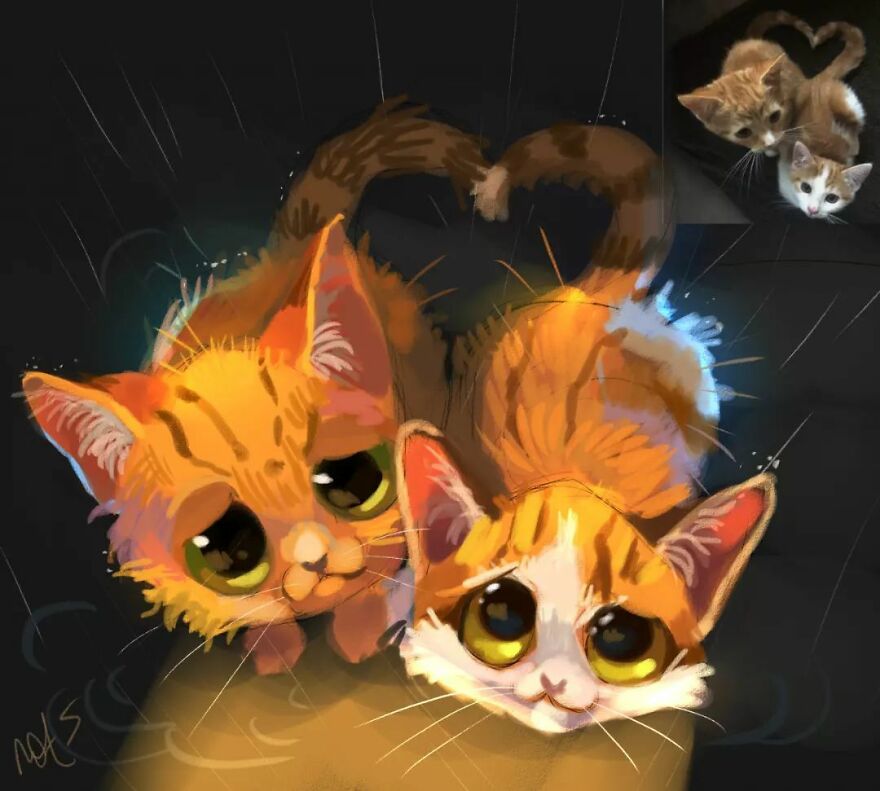 Adorable drawing of two cute kittens with big eyes, inspired by funny animal pics.